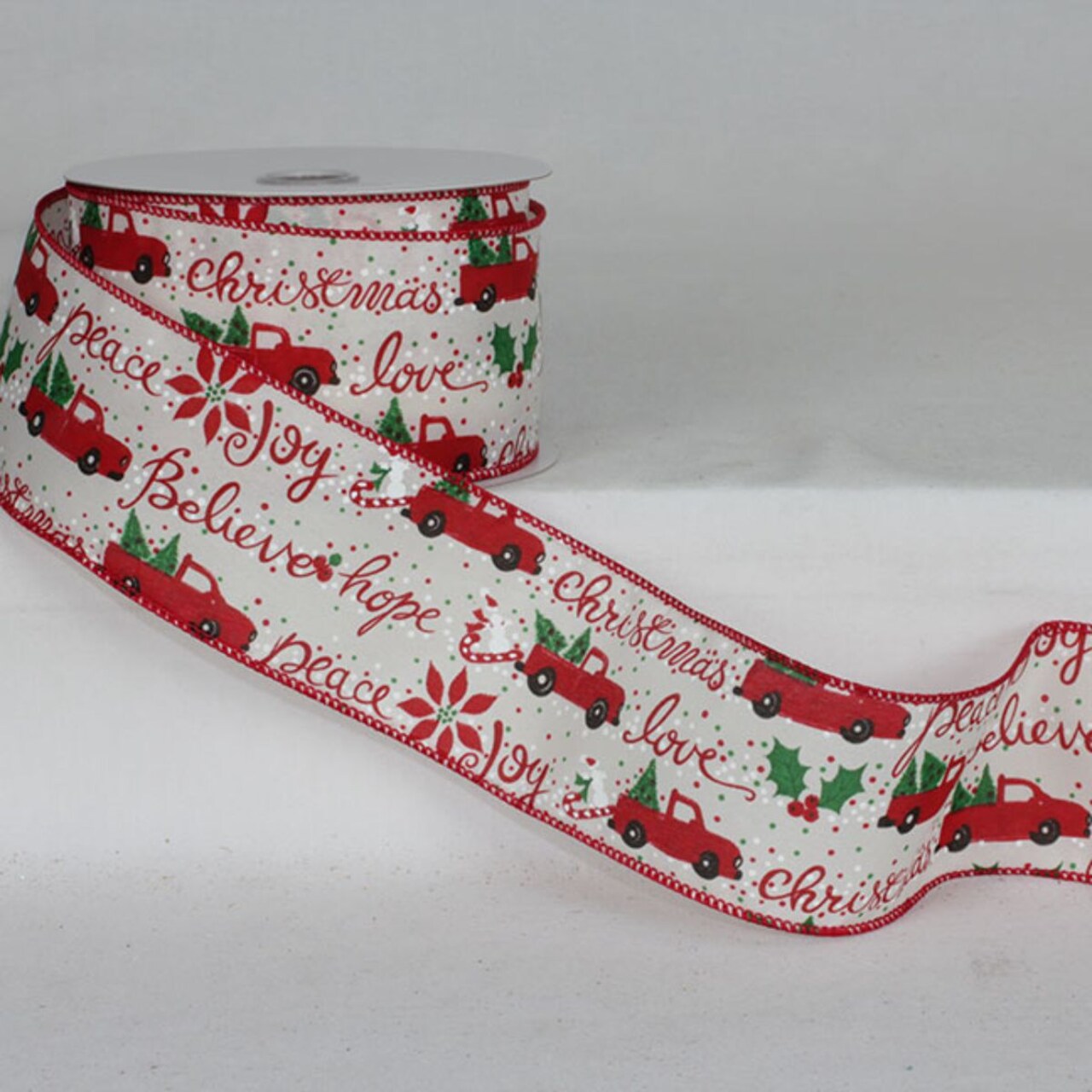 The Ribbon People White and Red "Joy Believe Hope Peace" Christmas Ribbed Wired Craft Ribbon 2.5" x 20 Yards